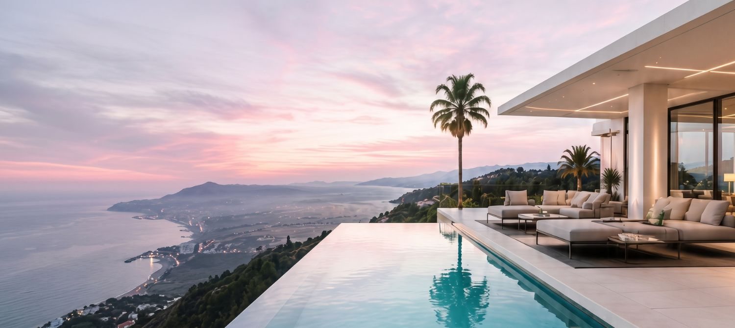 Villa con piscina infinita y vistas al mar al atardecer en la Costa del Sol