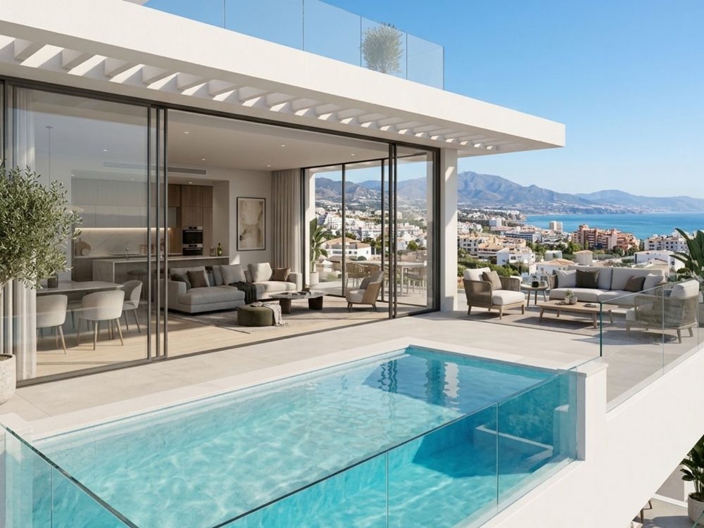 Salón abierto a la terraza con piscina y vistas a la costa en Estepona