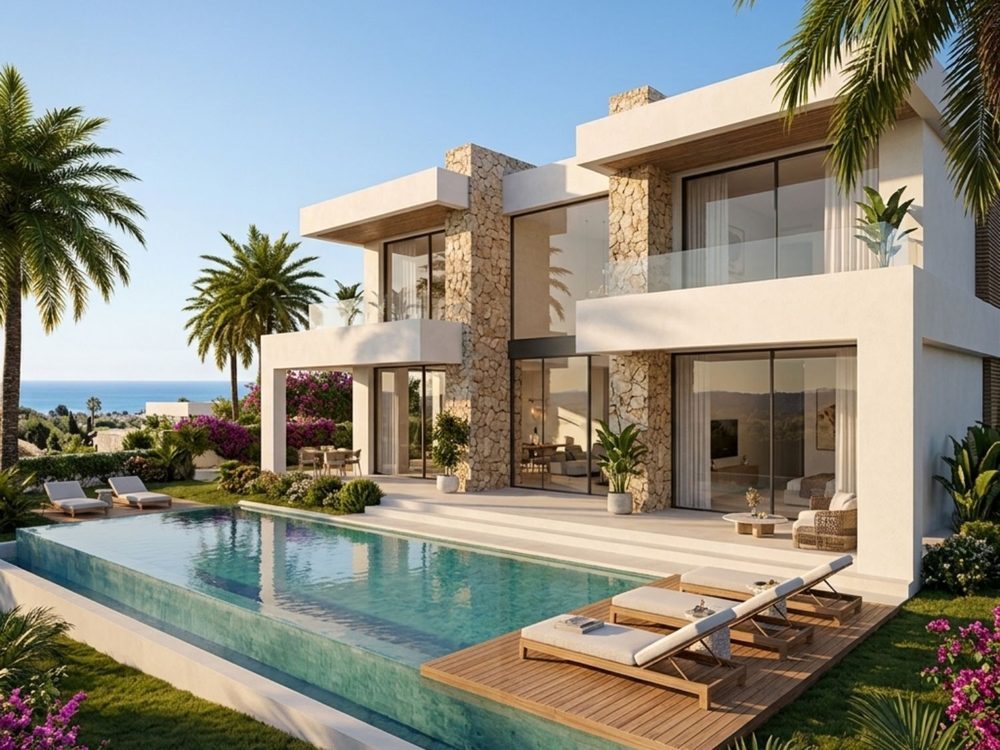 Modern villa with pool, palm trees and sea views in Marbella