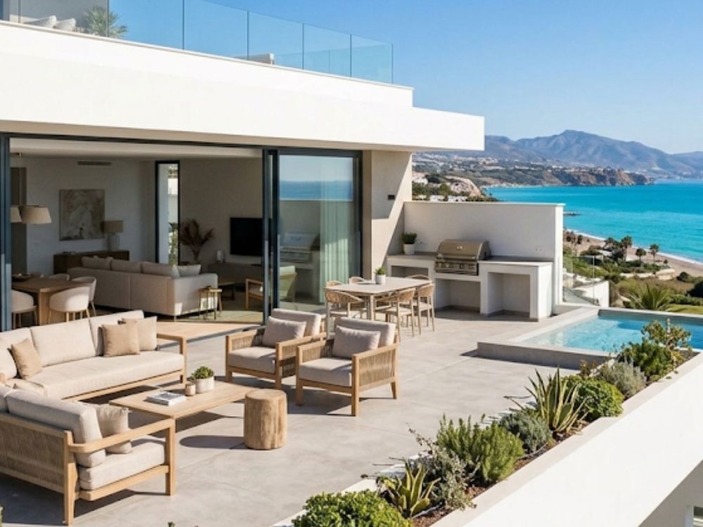 Terrace with seating area, outdoor kitchen and sea views in Mijas Costa