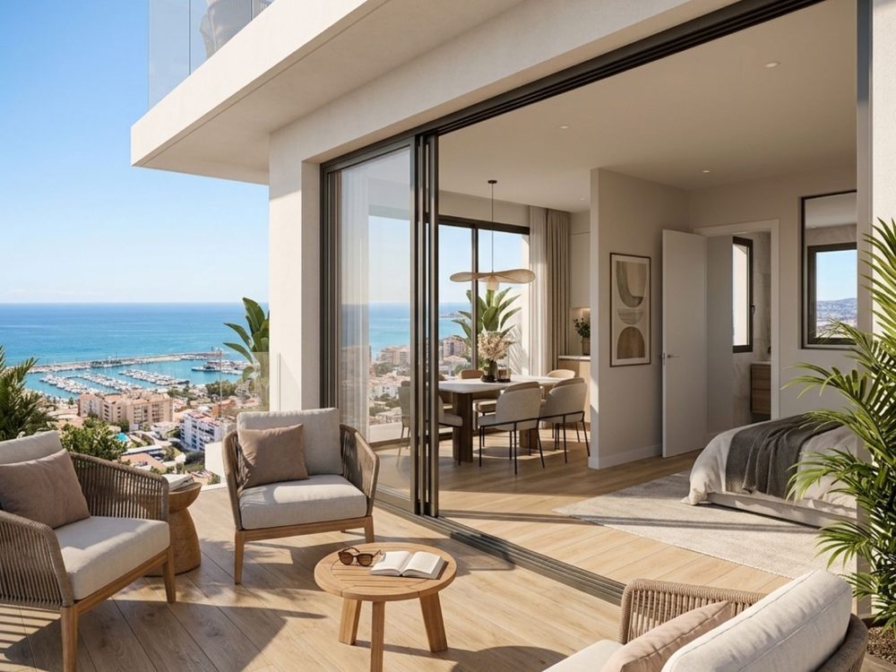 Penthouse with living room opening onto terrace and marina views in Fuengirola